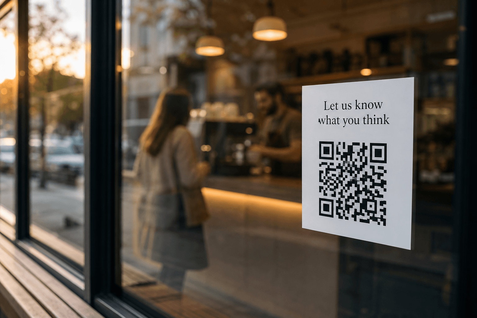 A QR code in a cafe window that says Let us know what you think, with a softly blurred store interior behind it.